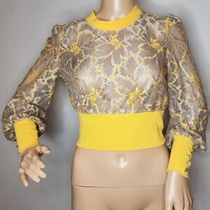 Estro Yellow Floral Lace Sheer Long Sleeve Crop Top Size Small